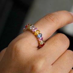 Solid 14k Yellow Gold Band Natural Multi Sapphire Gemstone Eternity Band Ring