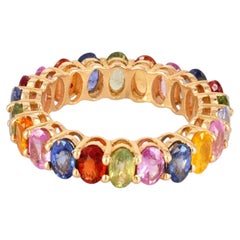 Solid 14k Yellow Gold Band Natural Multi Sapphire Gemstone Eternity Band Ring
