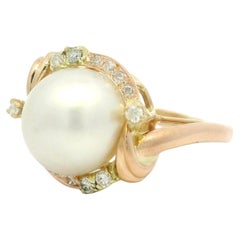 Anello Cocktail in oro giallo massiccio 14k con bella perla e diamante da 0,16 carati