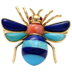Solid 14 Karat Gold Bee Brooch W Lapis, Coral, and Turquoise & Ruby! 4.4 Grams