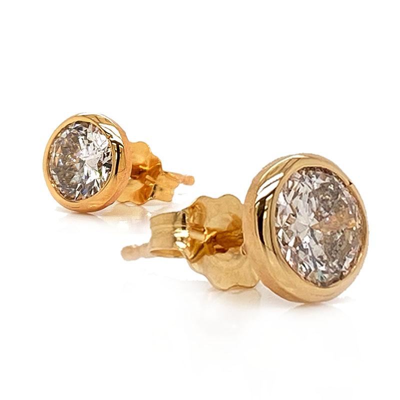 Solid 14 Karat Yellow Gold Bezel Set Diamond Earrings 1.05 Carat 1.0g In Excellent Condition In Manchester, NH