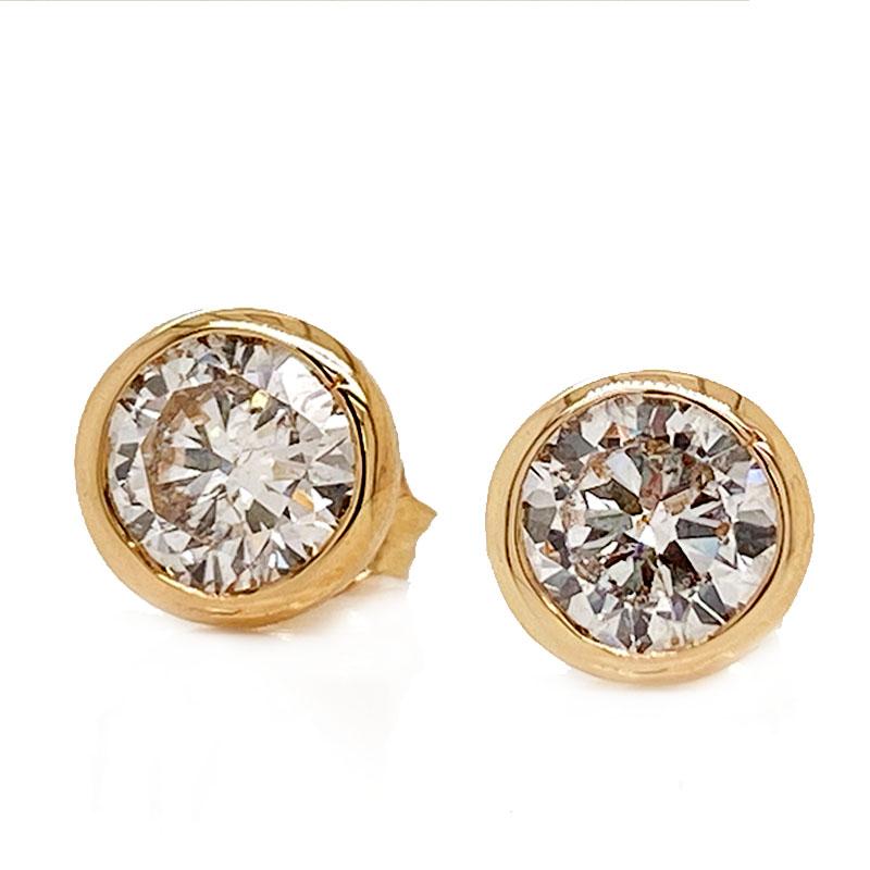 Women's or Men's Solid 14 Karat Yellow Gold Bezel Set Diamond Earrings 1.05 Carat 1.0g