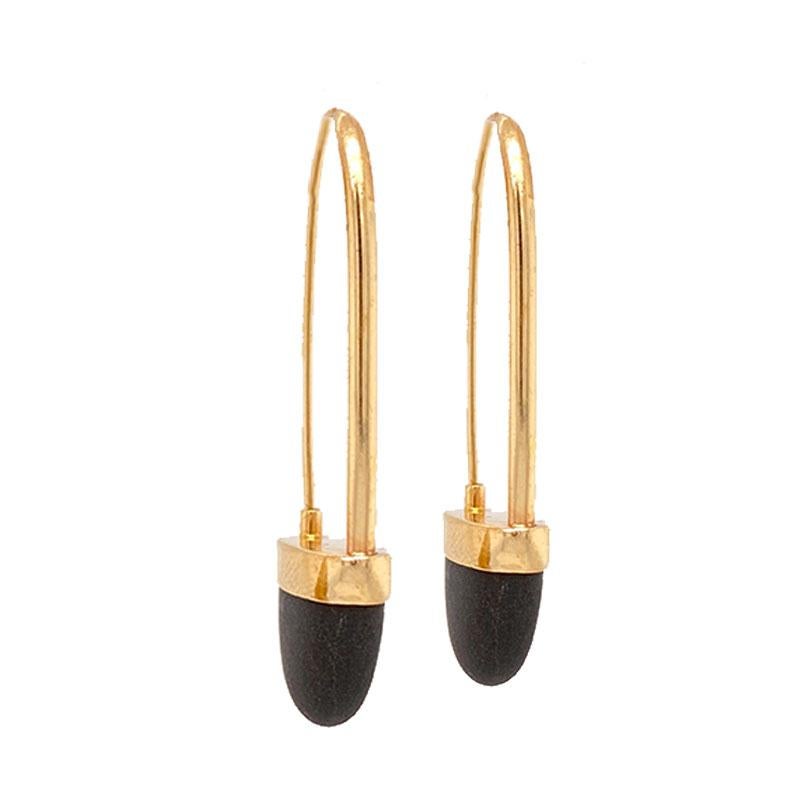 Women's or Men's Solid 14 Karat Yellow Gold and Black Lava Drop Earrings 6.3g