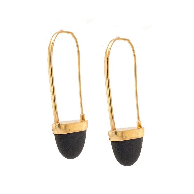 Solid 14 Karat Yellow Gold and Black Lava Drop Earrings 6.3g 1