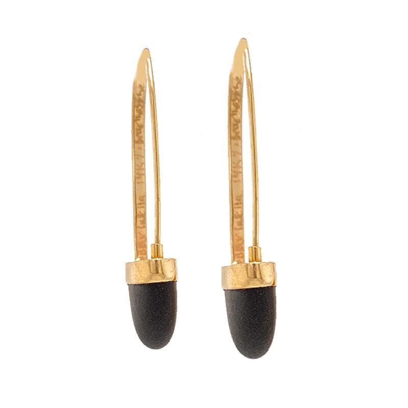 Solid 14 Karat Yellow Gold and Black Lava Drop Earrings 6.3g 2