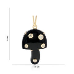 Solid 14k Yellow Gold Black Onyx Mushroom Charm Natural Diamond Pendant