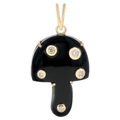Solid 14k Yellow Gold Black Onyx Mushroom Charm Natural Diamond Pendant
