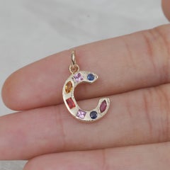 Solid 14K Yellow Gold C Initial Charm Multi-Sapphire Rainbow C Letter Pendant