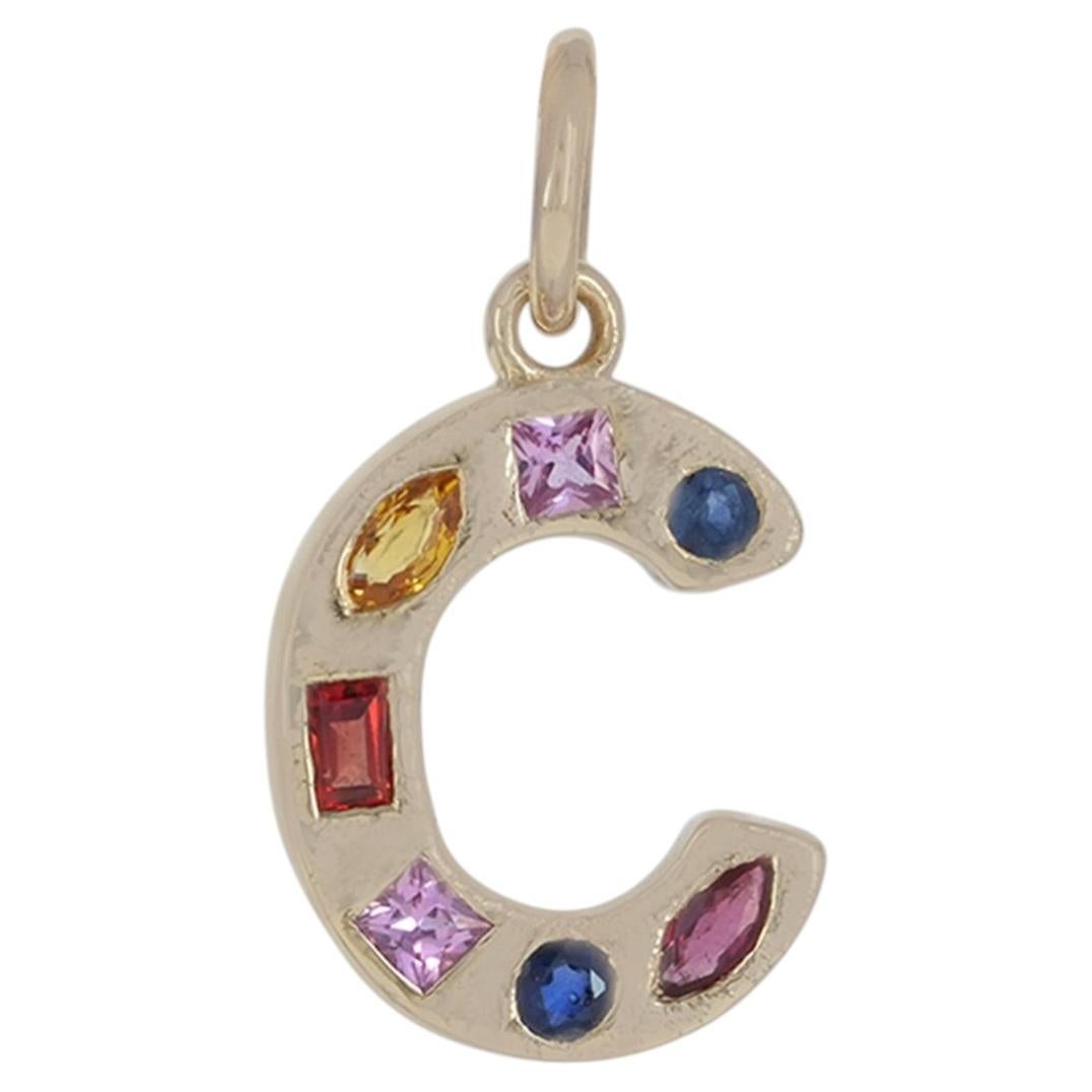 Solid 14K Yellow Gold C Initial Charm Multi-Sapphire Rainbow C Letter Pendant