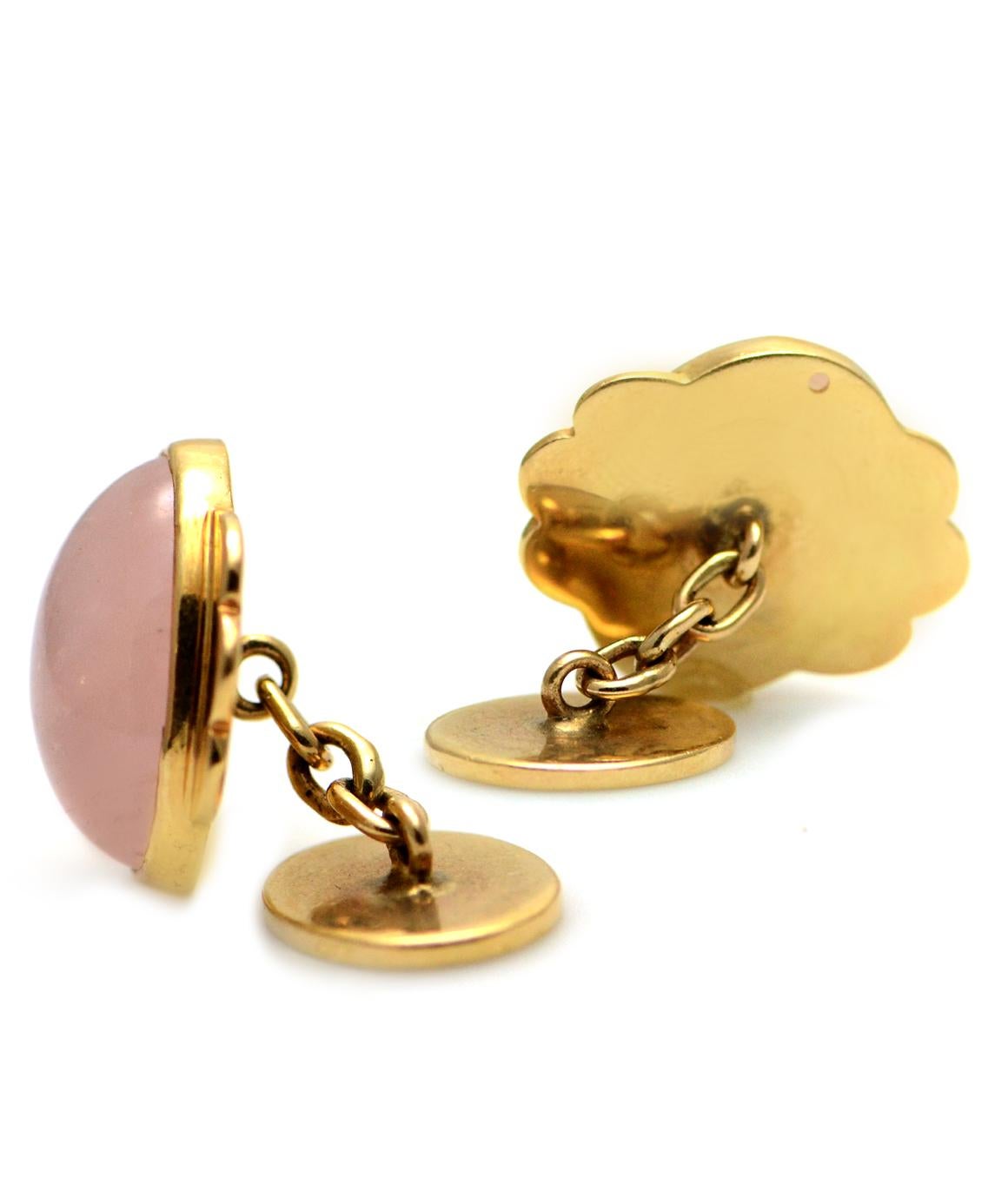 Solid 14 Karat Yellow Gold Cabochon Rose Quartz Cufflinks, 13.16g In Excellent Condition In Manchester, NH