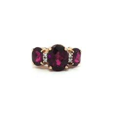 Bague 3 pierres en or jaune 14k massif, grenat rhodolite ovale en damier et diamant
