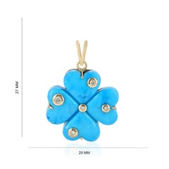 Solid 14k Yellow Gold Clover Charm Natural Diamond Turquoise Gemstone Pendant