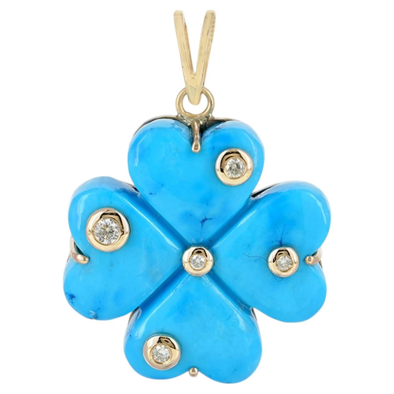 Solid 14k Yellow Gold Clover Charm Natural Diamond Turquoise Gemstone Pendant For Sale