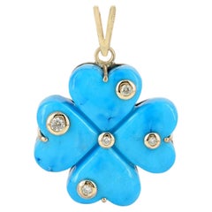 Solid 14k Yellow Gold Clover Charm Natural Diamond Turquoise Gemstone Pendant