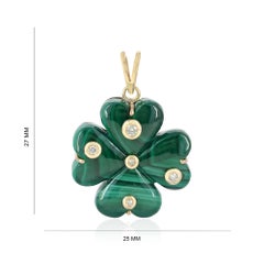 Solid 14k Yellow Gold Clover Pendant Natural Malachite Gemstone Diamond Pendant