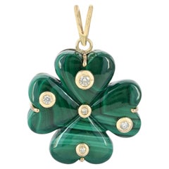 Solid 14k Yellow Gold Clover Pendant Natural Malachite Gemstone Diamond Pendant