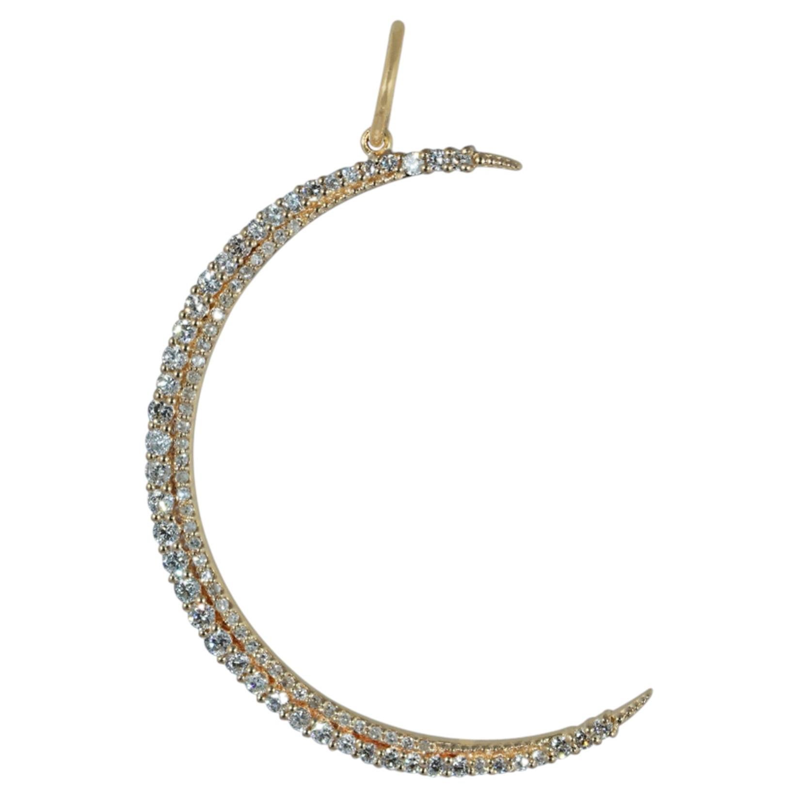 Solid 14K Yellow Gold Crescent Moon Pendant Natural Diamond Fine Jewelry
