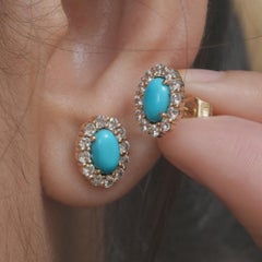 Solid 14k Yellow Gold Cubic Zirconia Turquoise Gemstone Studs Earring Jewelry