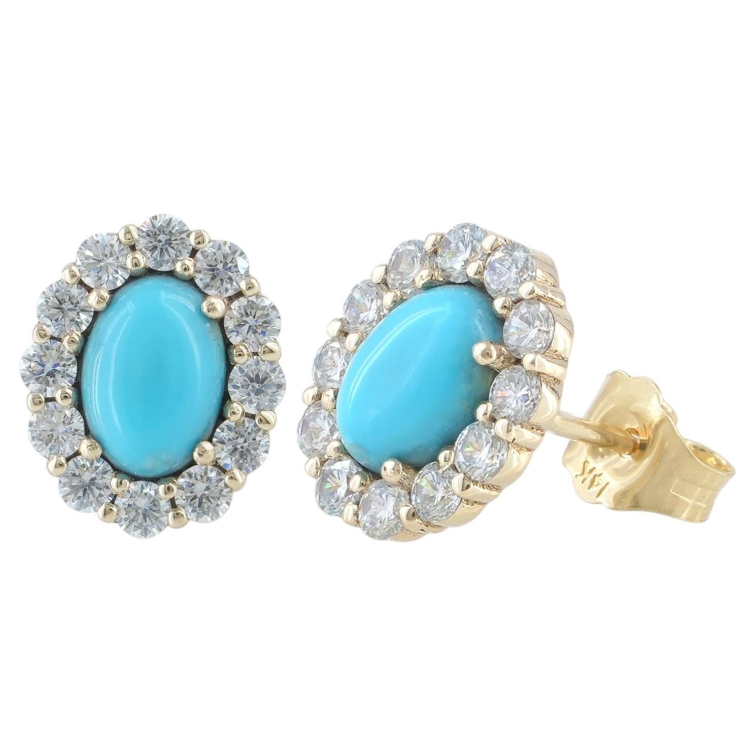 Solid 14k Yellow Gold Cubic Zirconia Turquoise Gemstone Studs Earring Jewelry For Sale