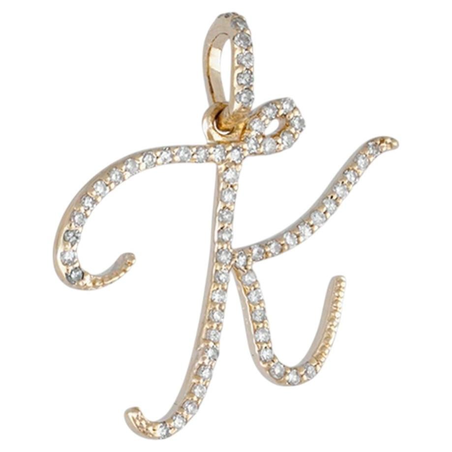 Solid 14k Yellow Gold Cursive K Initial Pendant Natural Diamond K Letter Charm