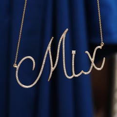 Solid 14k Yellow Gold Custom Diamond Cursive Nameplate Initial Necklace Jewelry