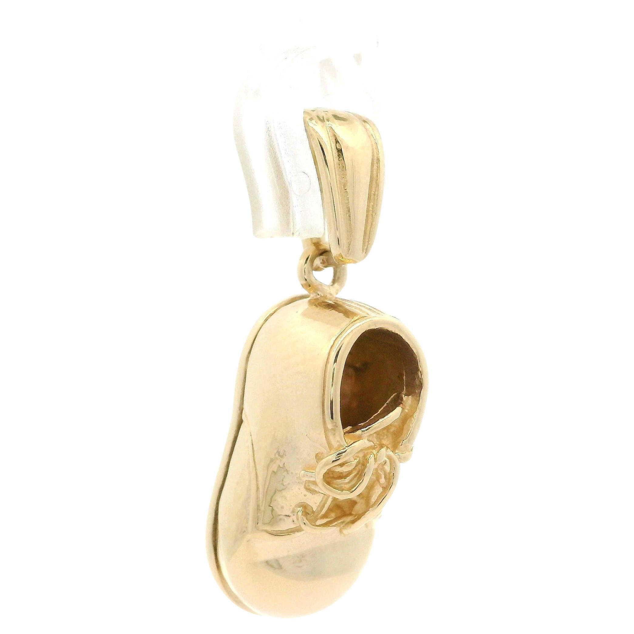Solid 14k Yellow Gold Detailed Baby Shoe Lucky Charm Pendant w/ Bail