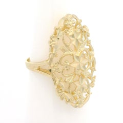 Solid 14k Yellow Gold Diamond Cut Open Work Marquise Shape Platter Ring