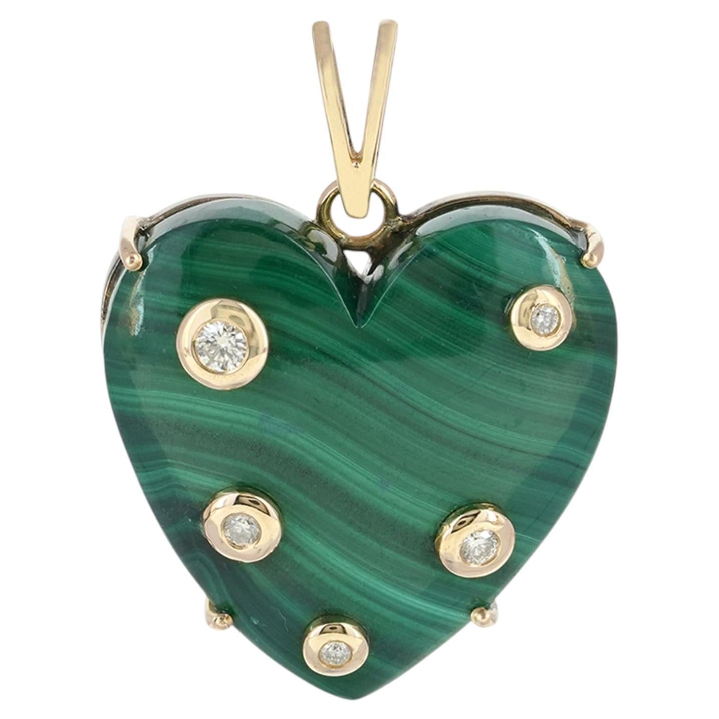 Pendentif en or jaune massif 14 carats avec charme en forme de cœur sertie de diamants et pierre précieuse en malachite naturelle