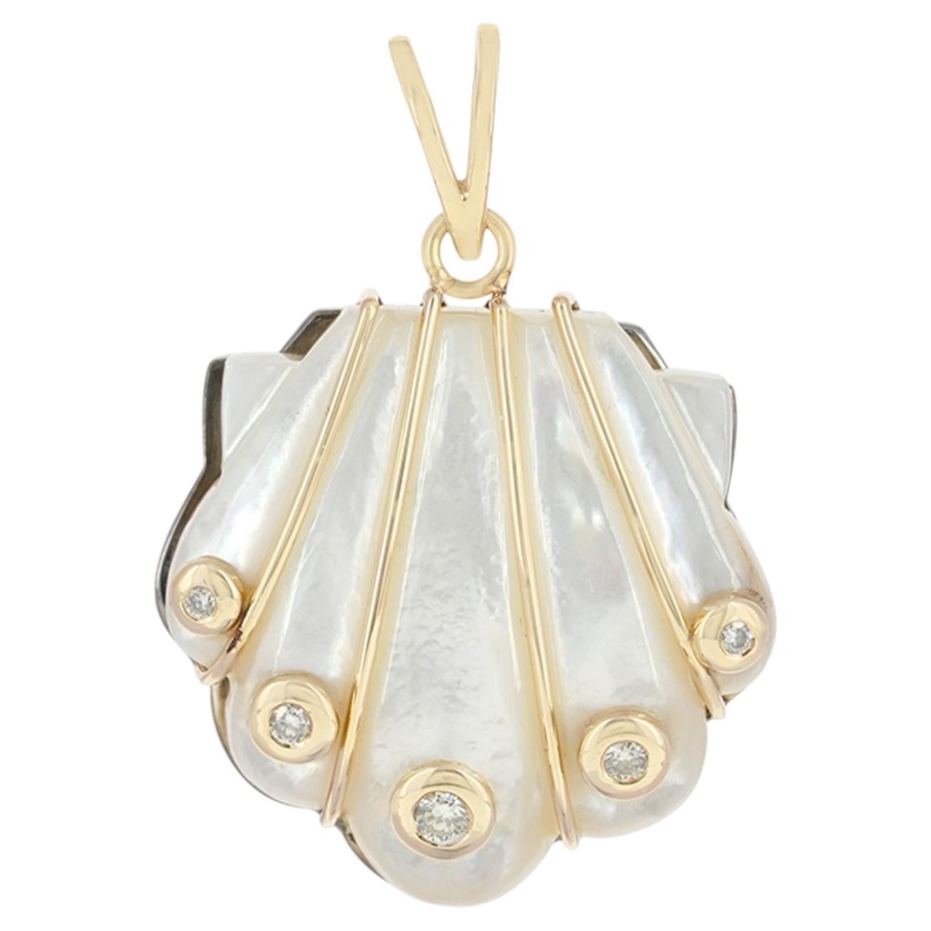 Solid 14k Yellow Gold Diamond Shell Natural Mother of Pearl Gemstone Pendant For Sale