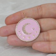 Solid 14k Yellow Gold Disc Pendant Natural Diamond Moon Star Enamel Fine Jewelry