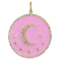 Solid 14k Yellow Gold Disc Pendant Natural Diamond Moon Star Enamel Fine Jewelry