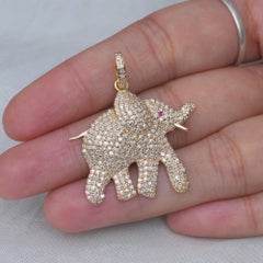 Solid 14k Yellow Gold Elephant Pendant Natural Pave Diamond Animal Charm Jewelry