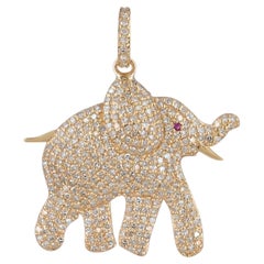 Solid 14k Yellow Gold Elephant Pendant Natural Pave Diamond Animal Charm Jewelry