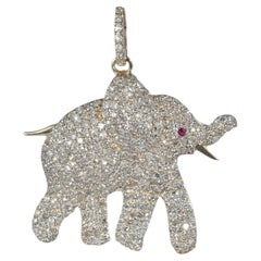 Solid 14k Yellow Gold Elephant Pendant Natural Pave Diamond Animal Jewelry