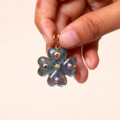 Solid 14k Yellow Gold Four Leaf Labradorite Multi Sapphire Gems Clover Pendant