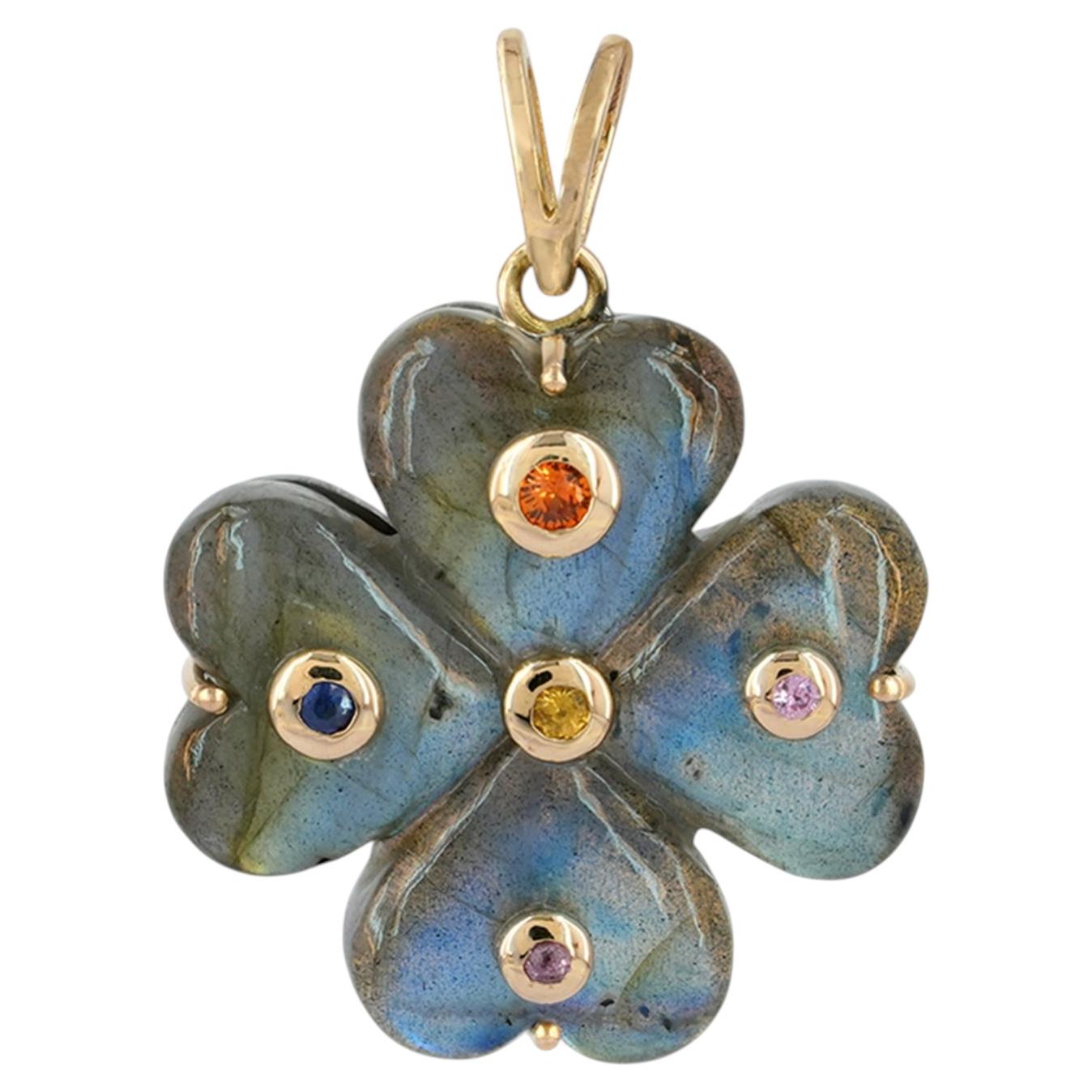 Solid 14k Yellow Gold Four Leaf Labradorite Multi Sapphire Gems Clover Pendant