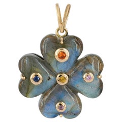 Solid 14k Yellow Gold Four Leaf Labradorite Multi Sapphire Gems Clover Pendant