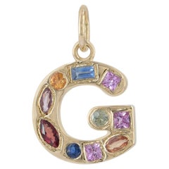 Solid 14K Yellow Gold G Initial Charm Natural Multi-Sapphire Rainbow G Pendant