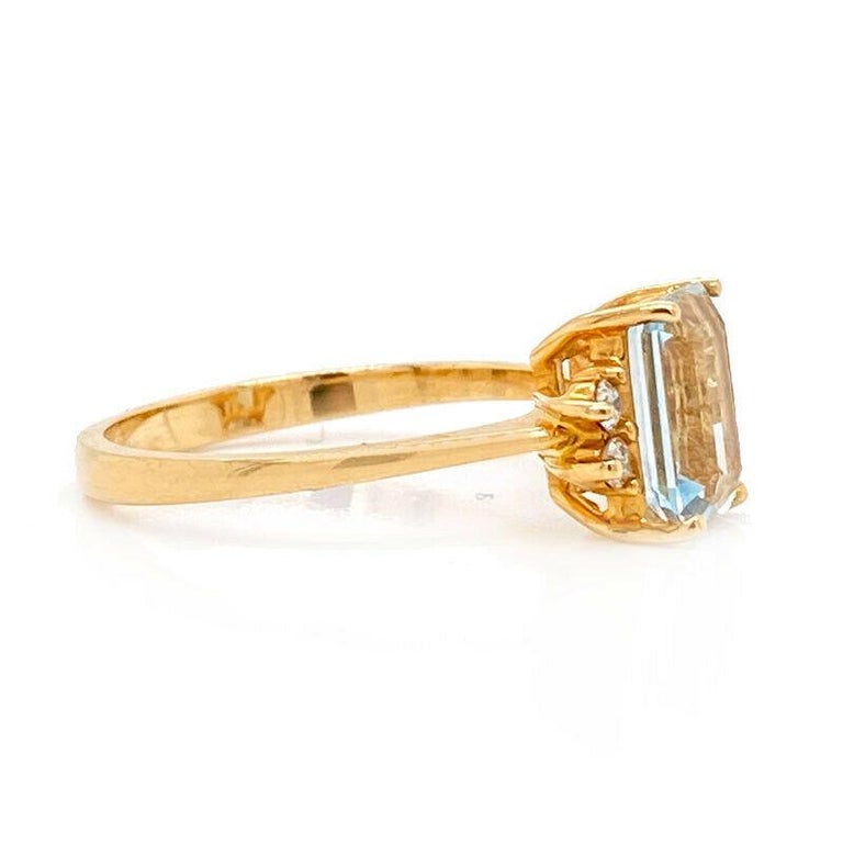 Solid 14 Karat Yellow Gold Genuine Aquamarine and Natural Diamond Ring ...