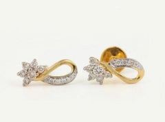 Solid 14K Yellow Gold Genuine Certified Diamond Half Flower Shape Ear Studs.