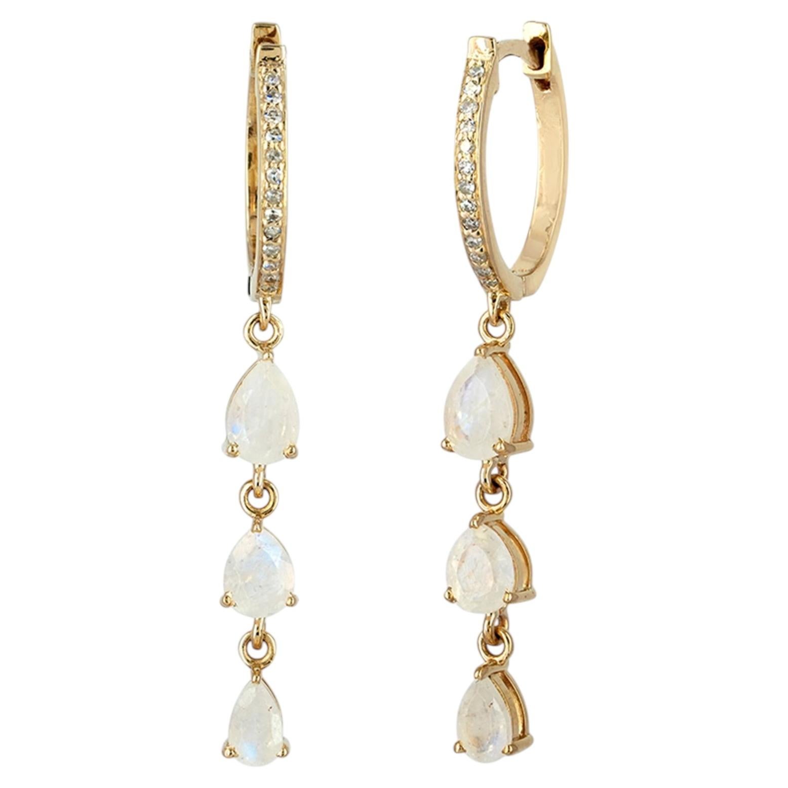 Solid 14k Yellow Gold Genuine Diamond Natural Rainbow Moonstone Studs Earrings For Sale