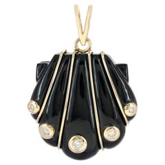 Solid 14k Yellow Gold Genuine Diamond Shell Pendant Black Onyx Gemstone Jewelry