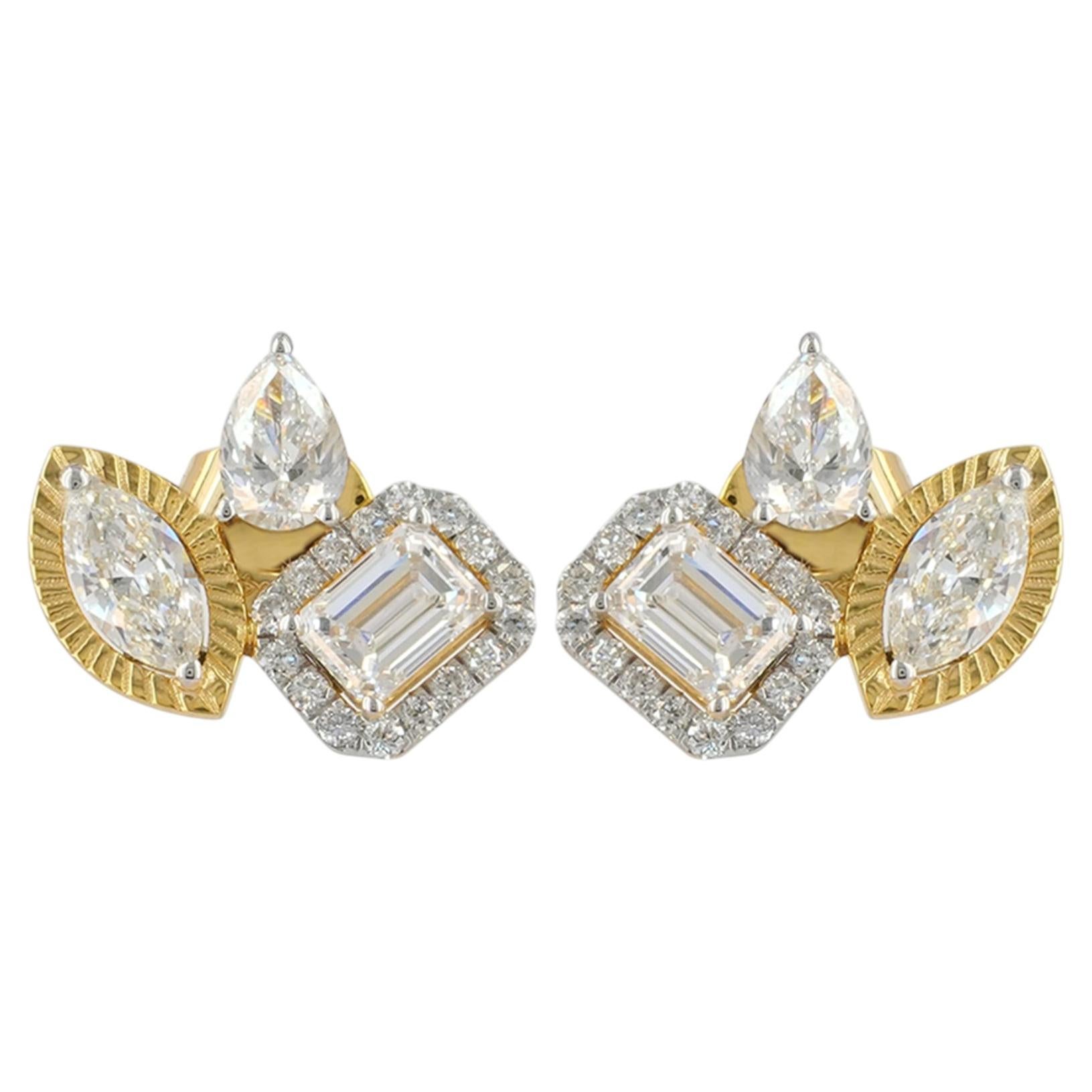 Solid 14k Yellow Gold Genuine G/Si White Diamond Designer Earring Studs Jewelry