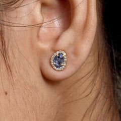 Solid 14k Yellow Gold Genuine H/Si White Diamond Blue Sapphire Studs Earrings