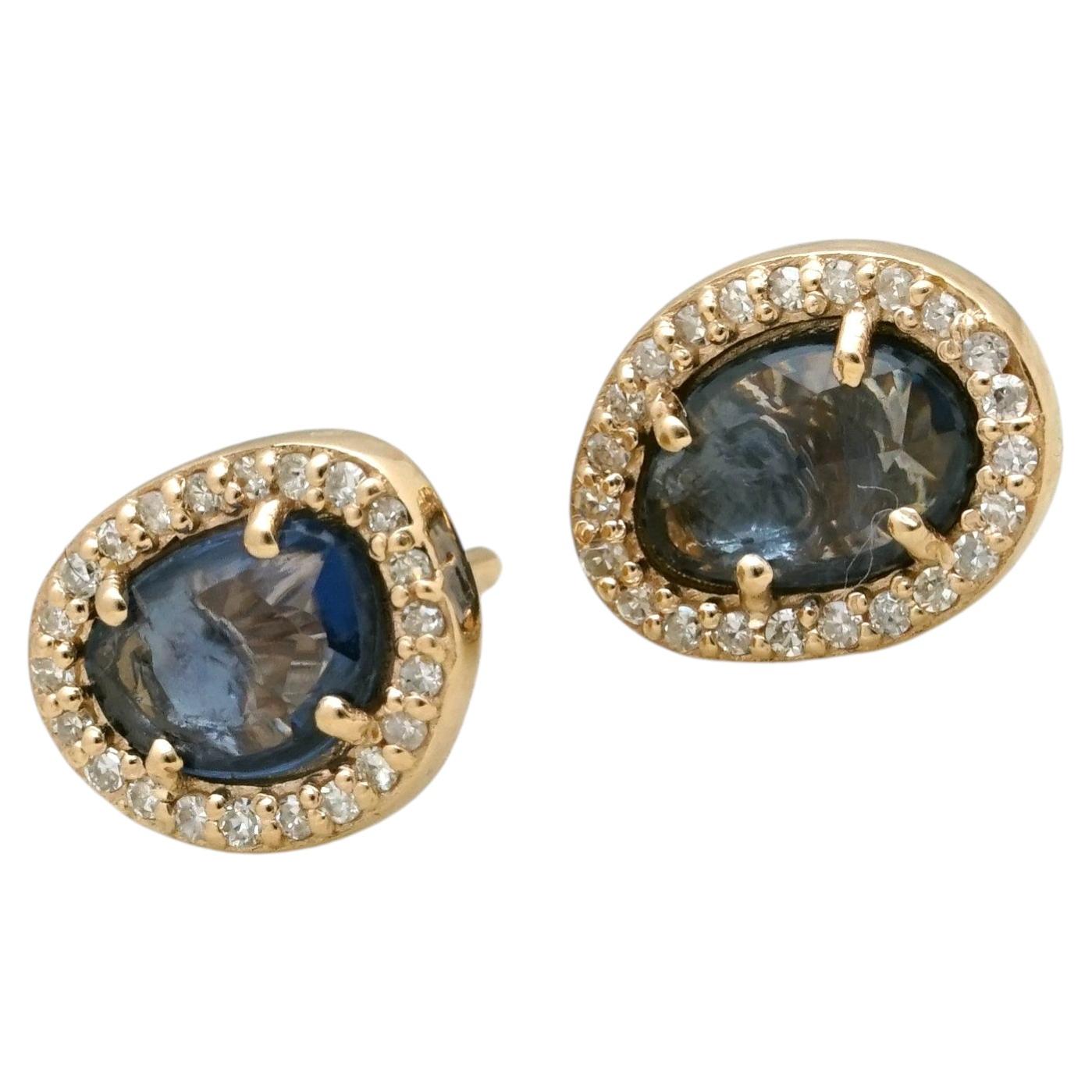 Solid 14k Yellow Gold Genuine H/Si White Diamond Blue Sapphire Studs Earrings