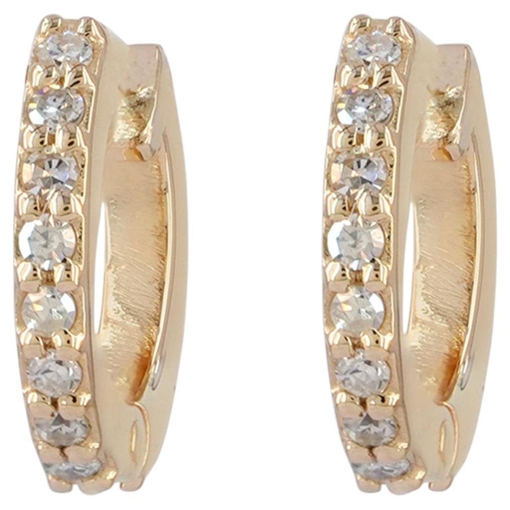 Orecchini a cerchio "Huggie" in oro giallo massiccio 14k con diamanti bianchi autentici H/Si