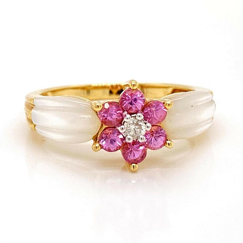 Solid 14 Karat Gold Genuine Pink Sapphire, Diamond and Mother of Pearl Ring 3.2g 2