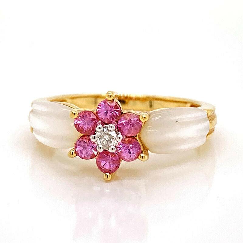 Solid 14 Karat Gold Genuine Pink Sapphire, Diamond and Mother of Pearl Ring 3.2g 3