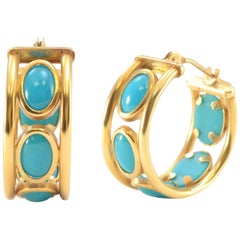 Vintage Solid 14K Yellow Gold Genuine Turquoise Huggie Earrings 2.2g Excellent condition