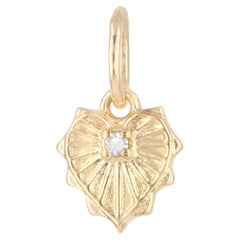 Solid 14k Yellow Gold Genuine White Diamond Fluted Heart Charm Pendant Jewelry